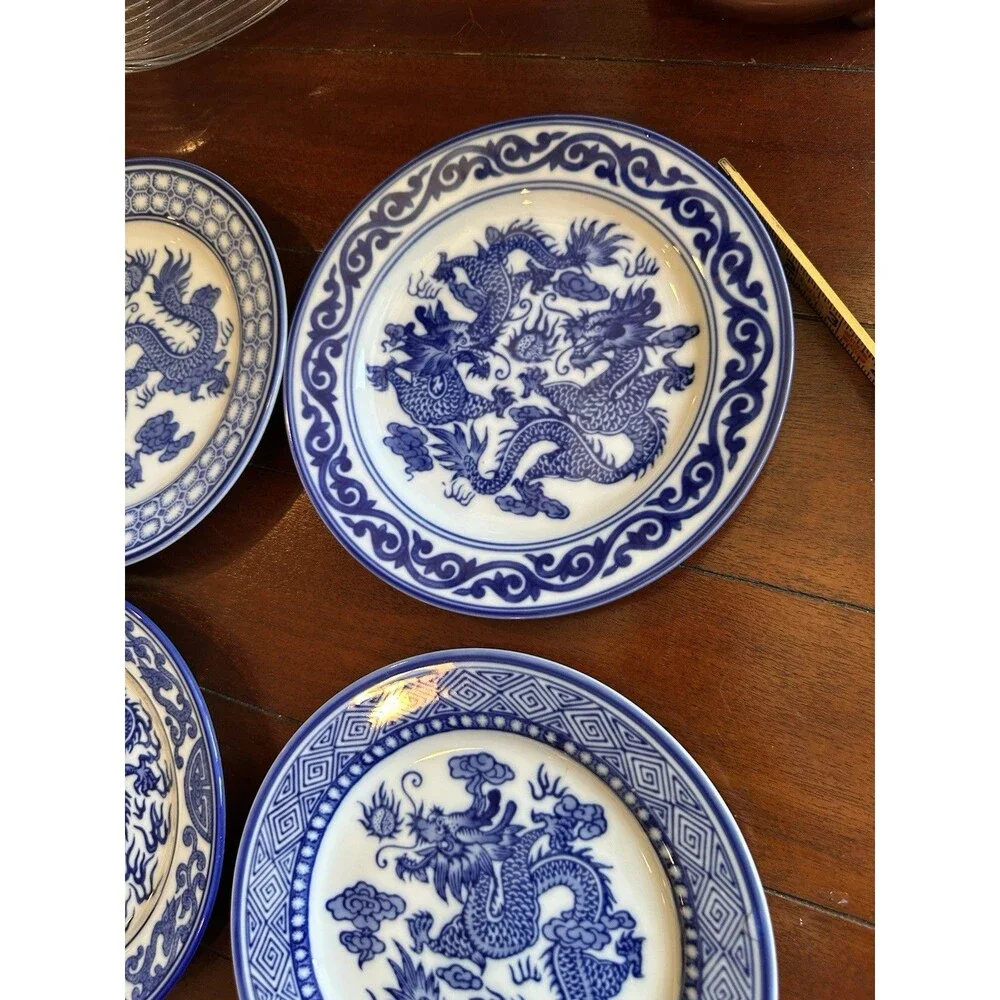 Blue & White China Dragon Motif Plates Bombay Asian Garden Pattern Set Of 4